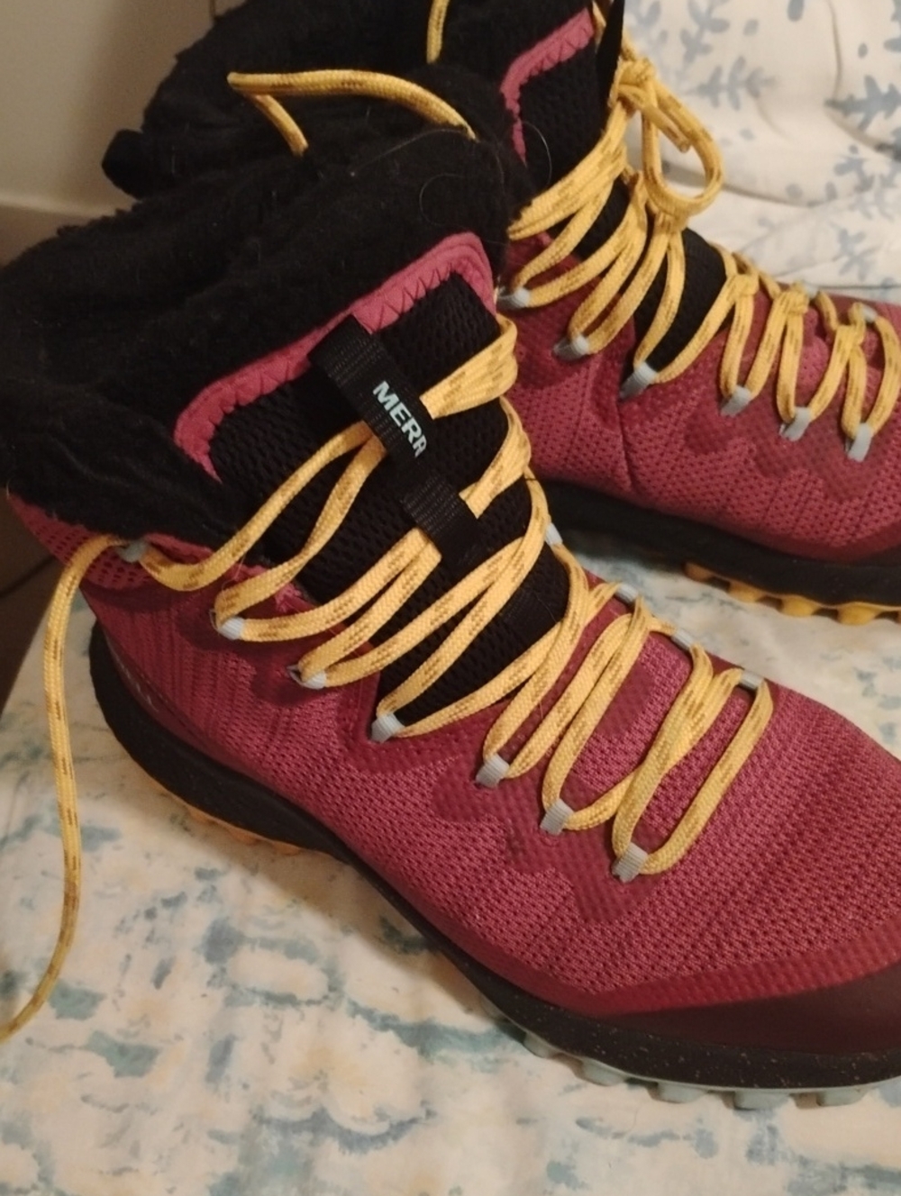 Merrell Women's Rose Knit Winter Boots with Yellow Laces and Black Collar